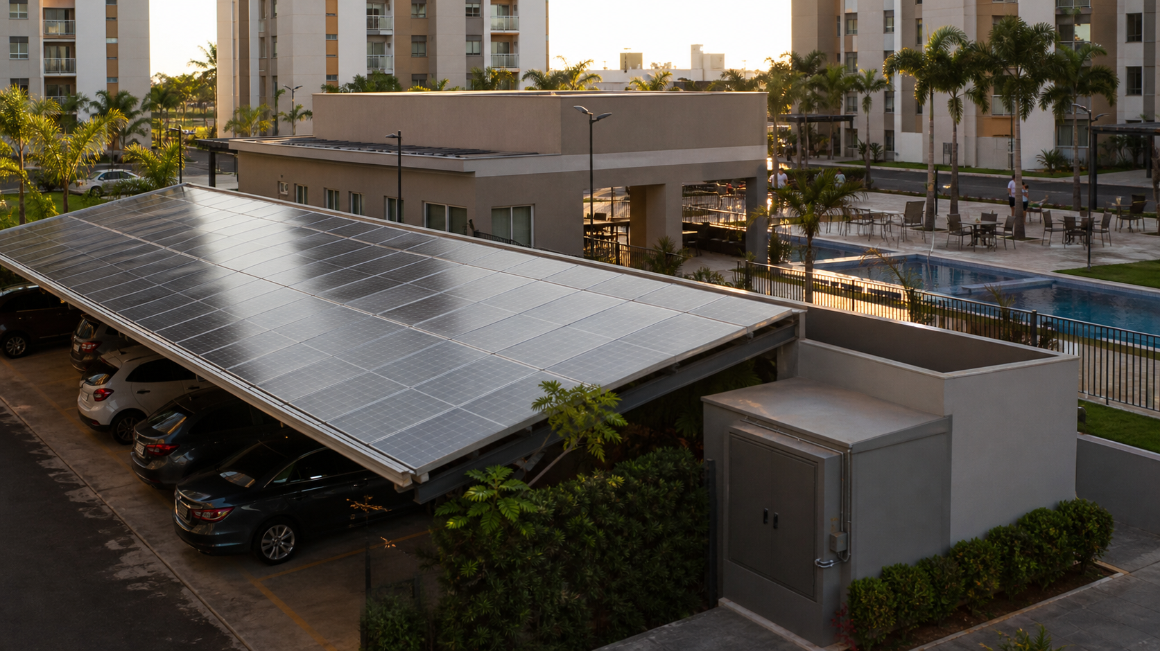 Área comum de condomínio brasileiro com cobertura solar e piscina