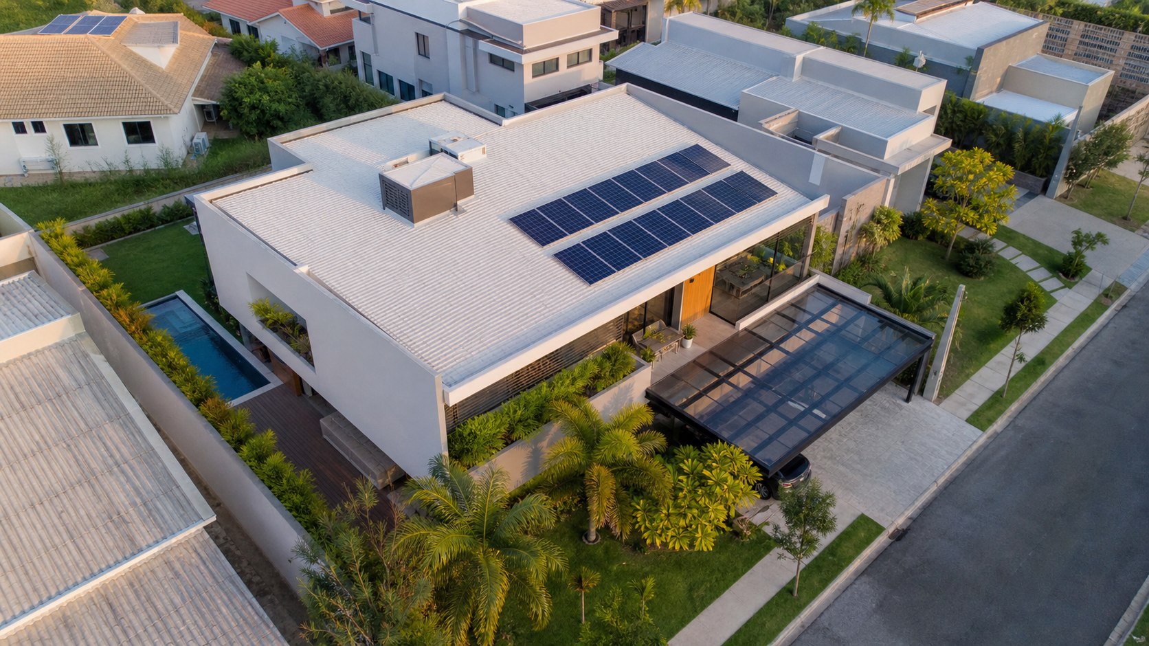 Residência brasileira com painéis solares, bateria e recarga veicular